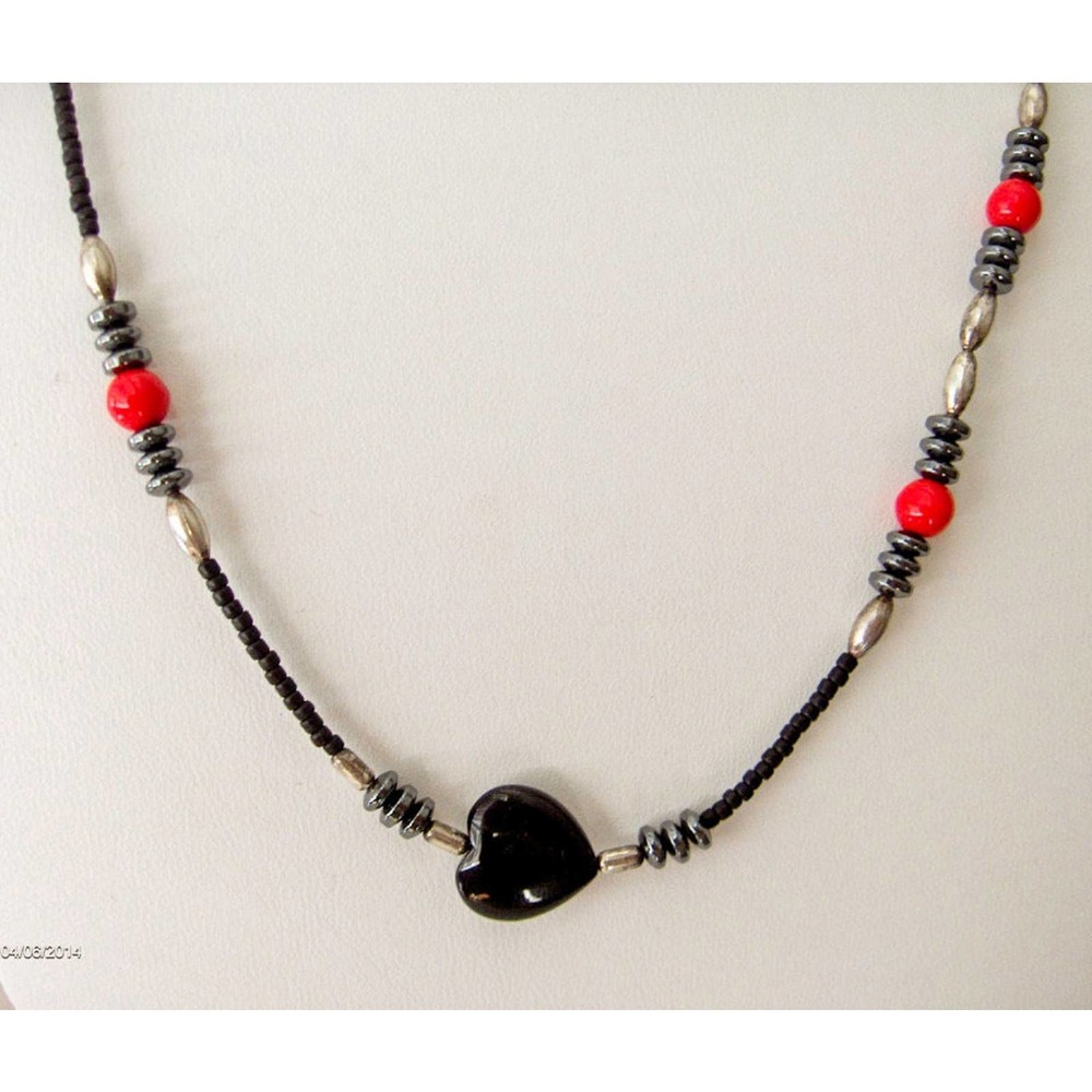 Vintage Sterling Silver Obsidian Heart Necklace , Hematite Spacers , 21 Inch